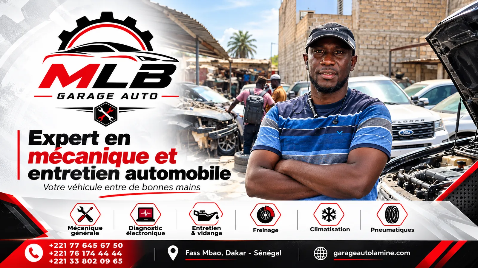 Affiche MLB Garage Auto : expert en mécanique et entretien automobile, téléphones +221 77 645 67 50, +221 76 174 44 44, +221 33 802 09 65, Fass Mbao, Dakar
