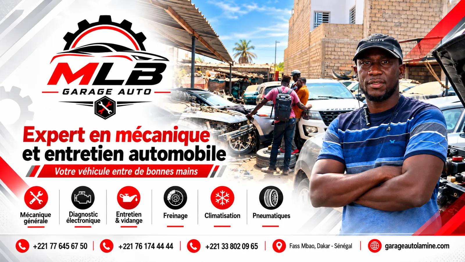 Affiche MLB Garage Auto : mécanique générale, diagnostic électronique, entretien et vidange, freinage, climatisation, pneumatiques, Fass Mbao, Dakar