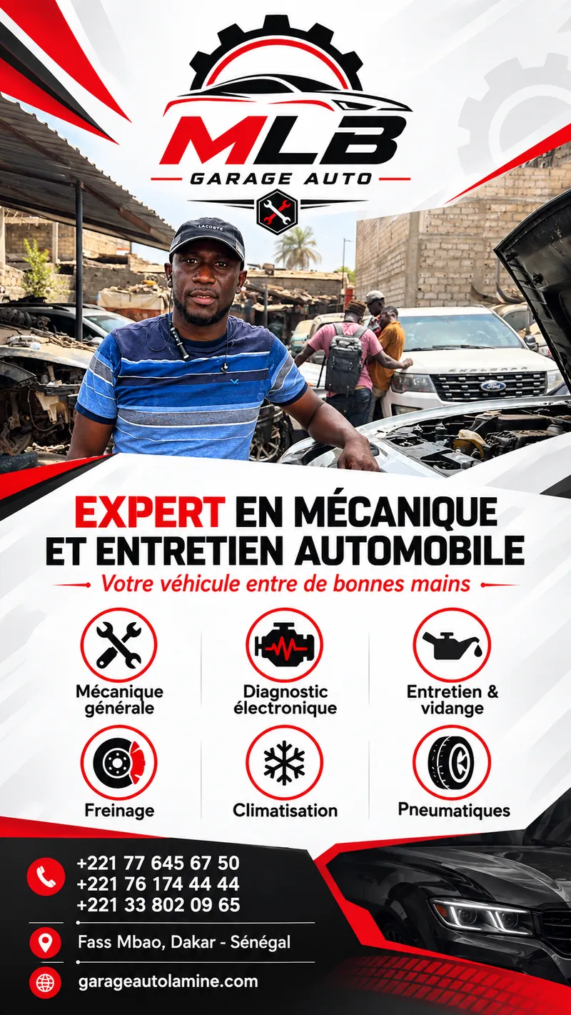 Kakemono MLB Garage Auto avec Mamadou Lamine BA : expert en mécanique et entretien automobile, services et numéros de téléphone